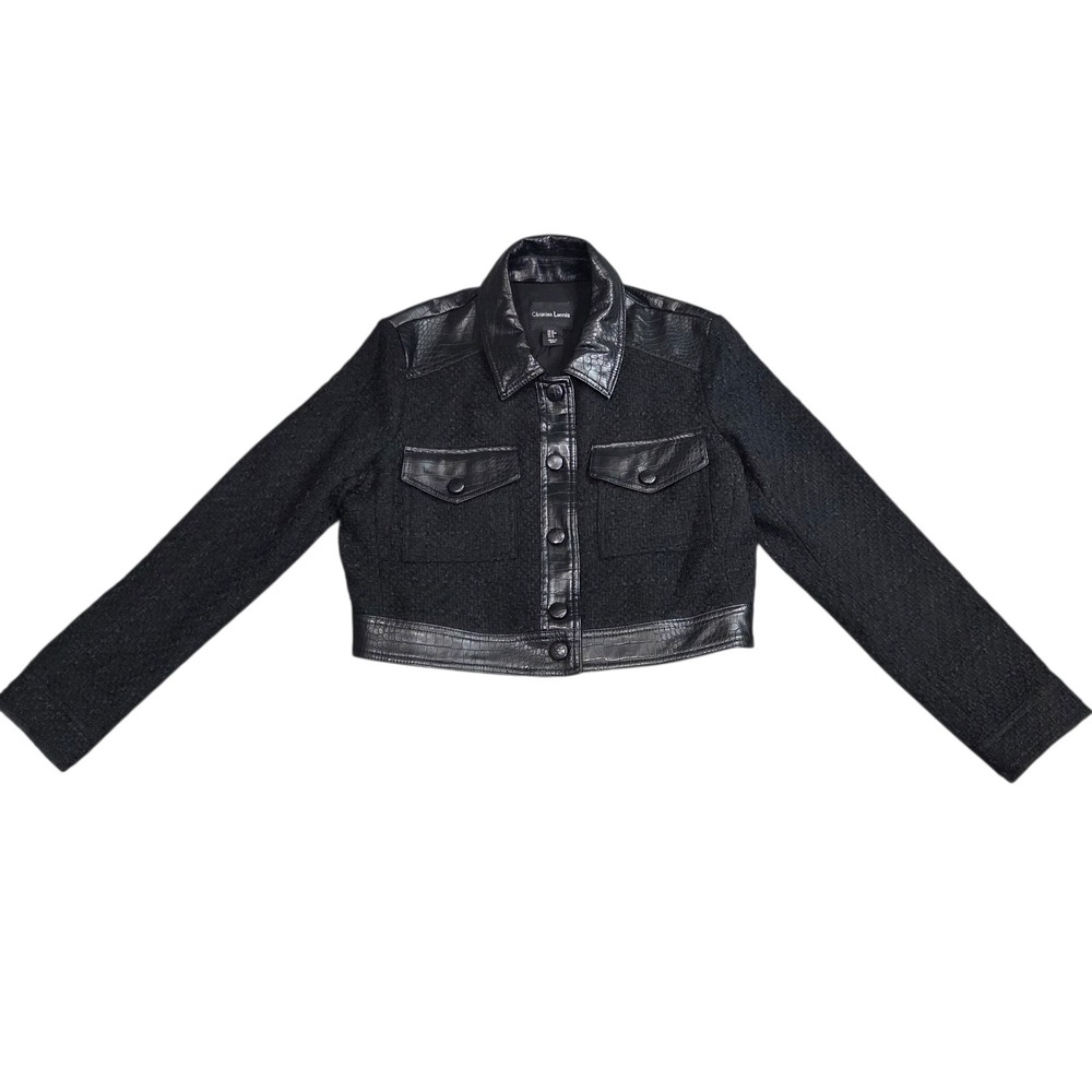 Christian Lacroix‎ Button Front Crocodile Trim Cropped Leather Jacket Sz Medium